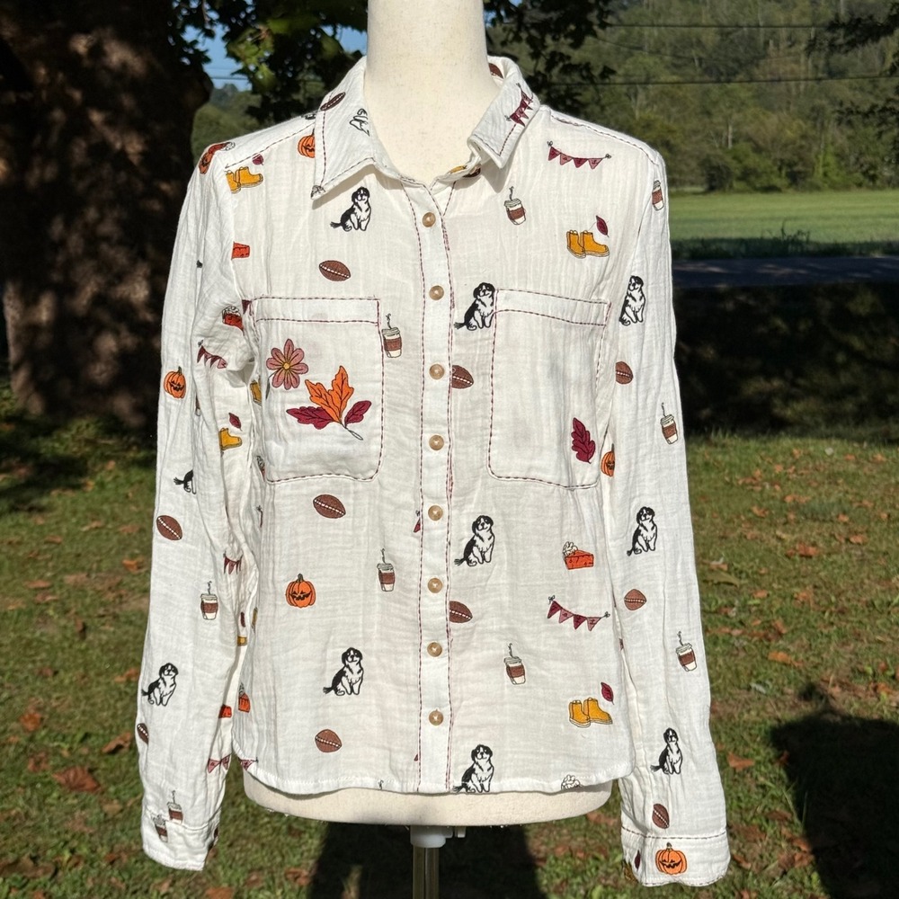Pilcro Anthropologie Embroidered Fall Motif Cotton Gauze Button Down Shirt M - Picture 2 of 11